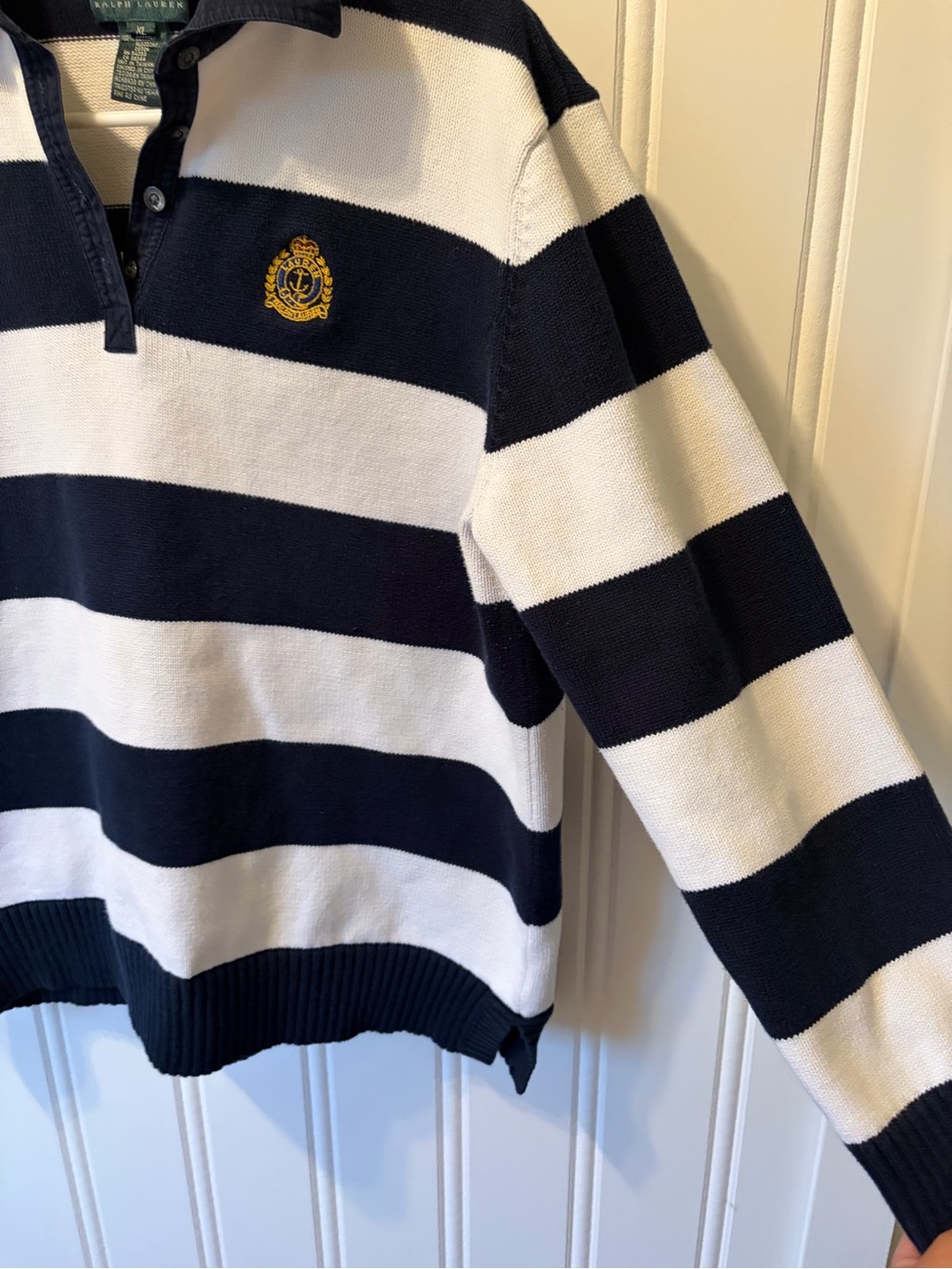 Lauren Ralph Lauren Women’s XL Navy White Striped Rugby Sweater Nautical Crest - Picture 6 of 8